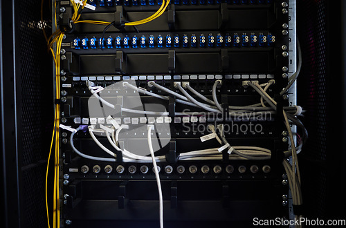 Image of Cables, wires or server room maintenance in engineering, software programming or cybersecurity IT. Zoom, repair or data center technology for cloud networking, database storage or erp database backup