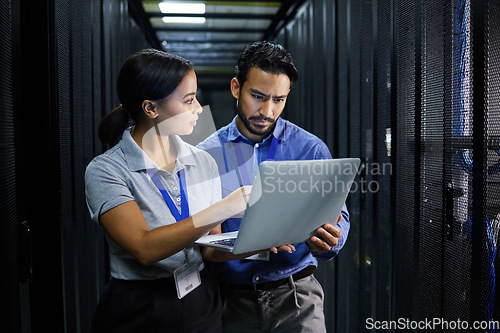 Image of Laptop, server room and technician people problem solving in database management, system upgrade or cyber security. Error, data center or engineer employees, information technology and programming