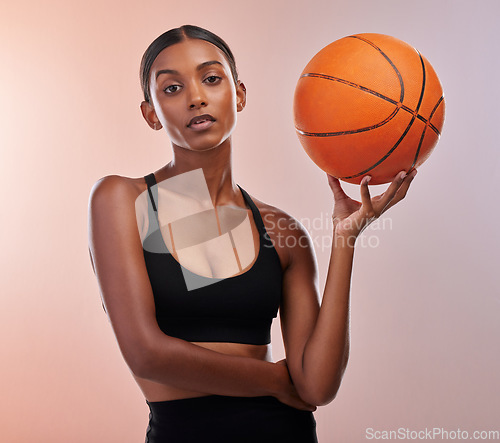 Image of Basketball portrait, sports athlete and woman ready for workout challenge, practice game or fitness competition. Performance training, health exercise and studio model isolated on gradient background