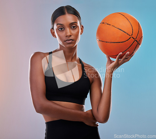 Image of Basketball portrait, sports and studio woman ready for workout challenge, practice game or fitness competition. Performance training, health exercise and athlet model isolated on gradient background