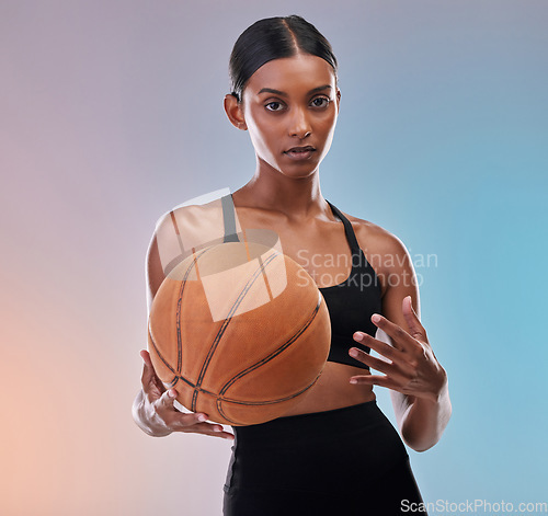 Image of Basketball portrait, sports fitness and woman ready for workout challenge, practice game or studio competition. Performance training, health exercise and athlete model isolated on gradient background