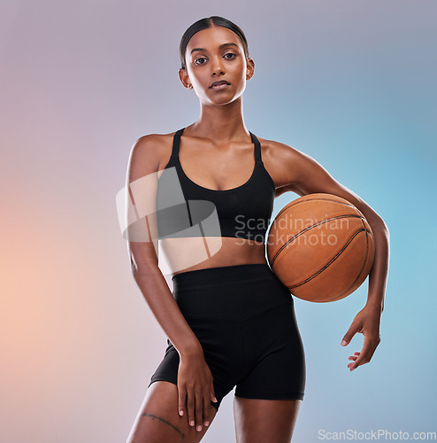 Image of Portrait, body and basketball of black woman isolated on gradient background workout, training and exercise. Confident Indian athlete, person or model in studio for fitness goals, focus and fashion