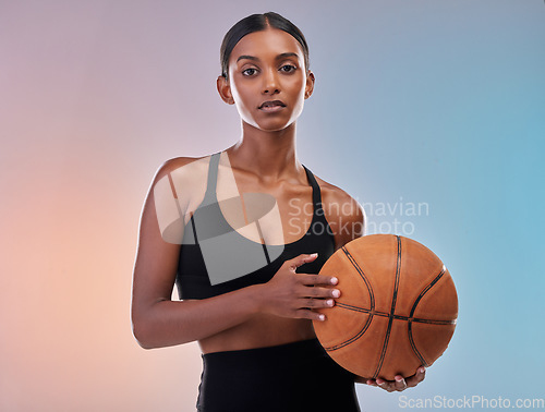 Image of Basketball portrait, sports workout and woman ready for studio challenge, practice game or fitness competition. Performance training, health exercise and athlete model isolated on gradient background