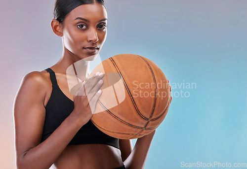 Image of Basketball portrait, sports and training woman ready for workout challenge, practice game or fitness competition. Performance studio, health exercise or mockup athlete isolated on gradient background