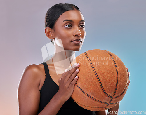 Image of Basketball workout, sports and studio woman for exercise challenge, practice game or fitness competition. Performance training, health commitment and athlete model isolated on gradient background