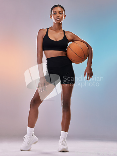 Image of Body, portrait and black woman in basketball sports isolated on gradient background workout, training and exercise. Confident Indian athlete, person or studio model for fitness, challenge and fashion