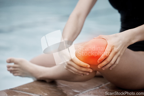 Image of Knee injury, sports and woman at swimming pool with medical pain, body strain and muscle emergency. Legs, red wound and water accident from training, arthritis and athlete anatomy for first aid help