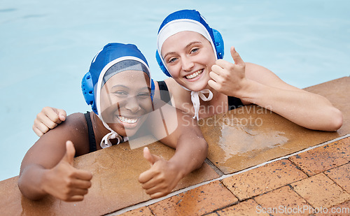 Image of Swimming, sports portrait and women thumbs up for support, happy training and challenge. Athlete people hands emoji together in water or pool for exercise, thank you and motivation for fitness goals