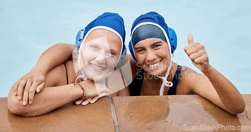 Image of Swimming, thumbs up portrait and sports women for support, happy training and competition. Face of athlete people hand emoji in water or pool for exercise, winning and motivation for fitness goals