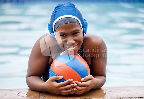 Image of Sport, black woman in a pool with cap, portrait and swimming lesson for fitness, training and smile. Face, African American female and happy athlete with a ball, swimming and practice for competition