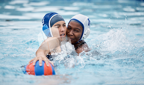 Image of Women, swimming and water polo sports competition, training and exercise. Professional athlete people together in pool for fitness, ball game and action with commitment for team performance and goals