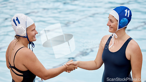 Image of Swimming, sports competition and women handshake for support, happy training and challenge. Athlete people shaking hands together at water or pool for exercise, swim and motivation for fitness goals