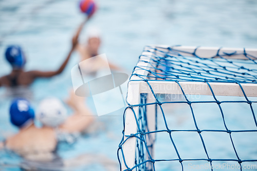 Image of Pool, goal net and background with space for mockup for water polo, game or contest for motivation. Women group, teamwork or summer sports with swimming at university competition in mock up in summer