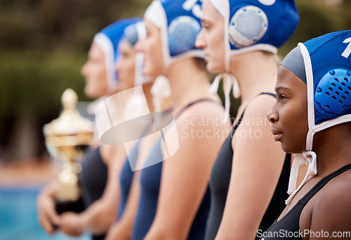 Image of Swimming pool, vision and collaboration with a woman team standing outdoor together for sports competition. Water, fitness and teamwork with a female swimmer group getting ready for training