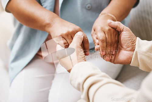 Image of Love, old couple and holding hands with care, retirement and bonding with empathy, compassion and affection. Zoom, elderly man and senior woman touching, retired and trust with support and solidarity