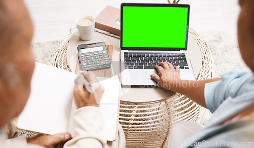 Image of Green screen, home finance and laptop of senior couple planning budget, banking online and asset management. People on computer with financial strategy, loan or investment on mockup space for website