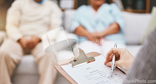 Image of Survey, old couple or doctor with a checklist for health insurance information on a medical questionnaire. Communication, man or elderly woman listening to nurse about a life plan or policy data