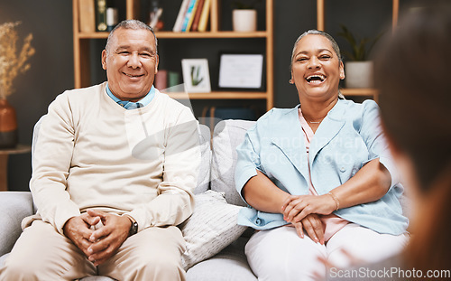 Image of Marriage, happy or old couple in counseling with a psychologist for mental health advice or support. Consulting, retirement or senior man laughing with an elderly woman talking to a funny therapist