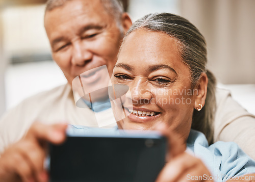 Image of Senior couple, love and selfie in home for happy memory while enjoying time together. Romance, retirement and smile of elderly and retired man and woman taking pictures or photo for social media.