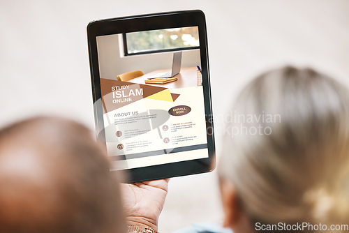 Image of Islamic, tablet or old couple online studying together in a Muslim home in retirement with hope or faith. Digital app, reading or senior man and woman in prayer to Allah or god for spiritual bonding