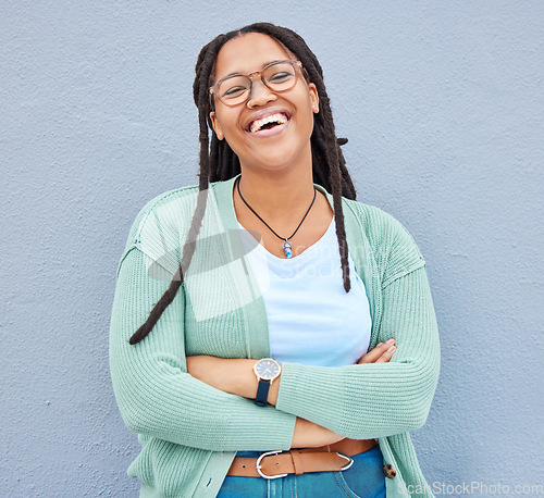 Image of Portrait, happy and black woman with mockup in studio for advertising, space and proud on grey background. Face, smile and girl relax on wall, laugh and excited with product placement on copy space