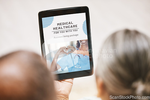 Image of Tablet, healthcare or old couple reading health insurance information on a medical website or internet. Digital app, screen or elderly man searching online for a life plan or policy with senior woman