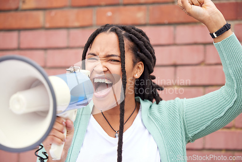 Image of Speaker, protest or angry black woman with speech announcement for politics, equality or human rights. Young feminist leader, stop or loud gen z girl shouting for justice or help on wall background