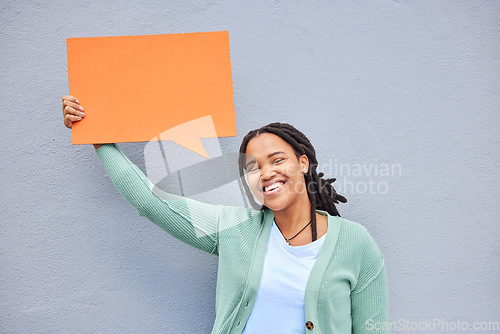 Image of Black woman, portrait or speech bubble of opinion, social media or vote on isolated mock up, grey background or mockup. Smile, happy or student on paper poster, marketing billboard or feedback review