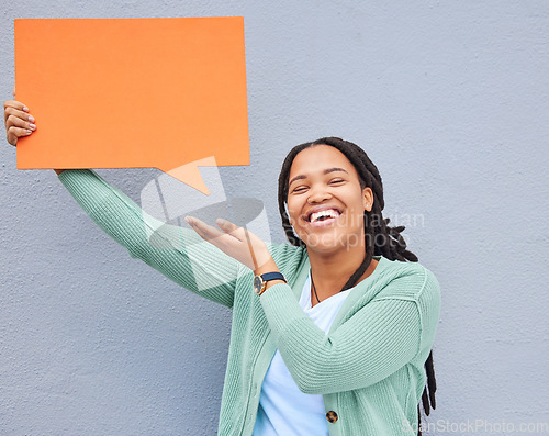 Image of Black woman, portrait or showing speech bubble on isolated background of opinion mockup, social media or vote mock up. Smile, happy or student on paper poster, marketing billboard or feedback review