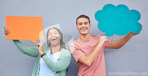 Image of Happy couple, portrait or speech bubble on isolated background of voice opinion mockup, social media or vote mock up. Smile, man or black woman on paper poster, marketing billboard or feedback review