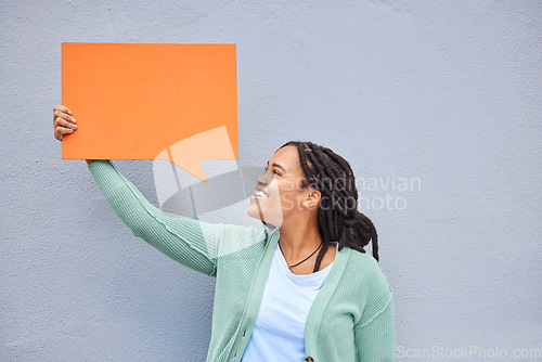 Image of Black woman, banner or speech bubble on isolated background of voice opinion mockup, social media or vote mock up. Smile, happy or student on paper poster, marketing billboard or feedback news review