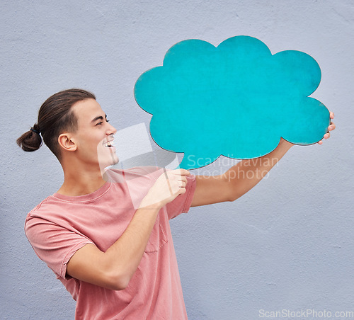Image of Man, banner or speech bubble on isolated background of voice opinion mockup, social media or vote mock up. Smile, happy or student on paper poster, marketing billboard or feedback review of sale deal
