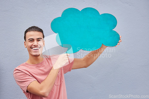 Image of Man, portrait and speech bubble on isolated background of voice opinion mockup, social media or vote mock up. Smile, happy and student on paper poster, marketing billboard or feedback review of sales