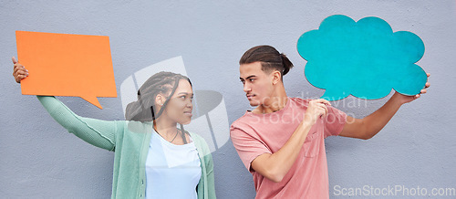 Image of Couple, thinking or speech bubble on isolated background of voice mockup, social media or vote mock up. People, man or black woman on paper poster, marketing billboard or competition feedback review