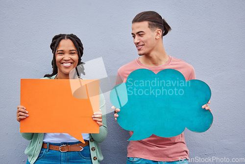 Image of Speech bubble, diversity and couple of friends in studio for advertising, mockup and and space on grey background. Paper, banner and woman with man for social networking, communication and branding