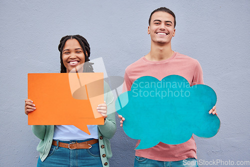 Image of Portrait, speech bubble and couple of friends in studio for advertising, mockup and and space on grey background. Face, banner and woman with man for social networking, communication and branding
