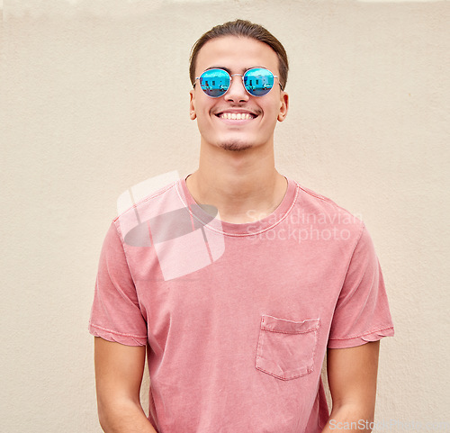 Image of Man, face or fashion sunglasses on isolated background for promotion branding, optometry sales or mockup marketing. Smile, happy or model student and summer optician vision or eye healthcare wellness