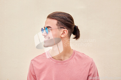 Image of Man, happy or retro sunglasses on isolated background in marketing branding, optometry sale or summer mockup. Smile, model or student in fashion optician vision, eyes healthcare wellness or promotion