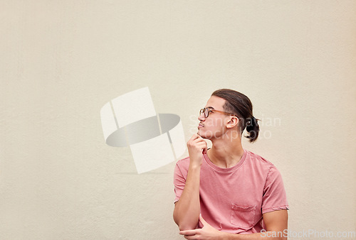 Image of Man, thinking or glasses on isolated background for fashion promotion branding, optometry sales deal or mockup marketing space. Model, student or optician vision ideas for healthcare wellness or eyes