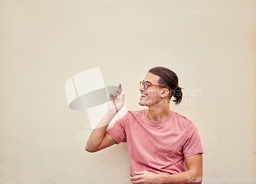 Image of Happy man, glasses or pointing up on isolated background for advertising branding, optometry sales deal or mockup marketing. Model, student or showing hands gesture in fashion eyes vision or support