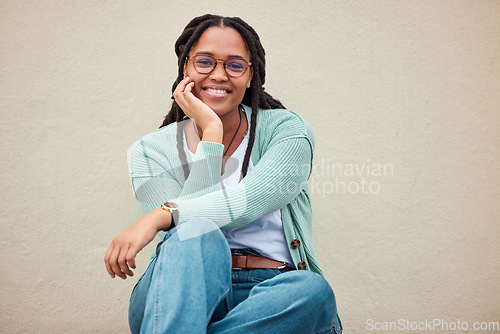 Image of Black woman, portrait or glasses on isolated background deal, fashion branding mockup or optician sales promotion. Smile, happy or model student and vision in eyes healthcare wellness on wall mock up