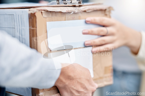 Image of Customer hands, courier cardboard box and delivery man giving retail sales product, shopping or shipping container. Logistics supply chain, mail distribution service and person exchange package cargo