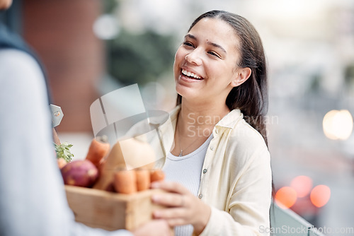 Image of Grocery delivery man, courier shipping or happy customer exchange retail sales product, food shopping or vegetables container. Logistics supply chain, nutritionist or distribution person with package