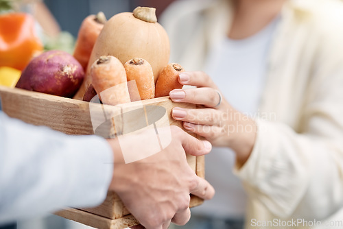 Image of Grocery customer, courier delivery man or hands exchange retail sales product, food shopping or vegetables container. Logistics supply chain, nutritionist or distribution person with shipping package