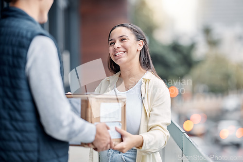 Image of Happy customer, shipping courier box and delivery man giving retail sales product, shopping stock or mail container. Logistics supply chain, distribution service and person exchange package cargo