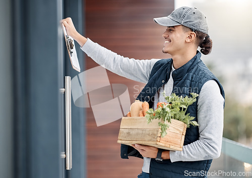 Image of Grocery courier, door and delivery man knocking with retail sales product, food shopping or market shipping container. Logistics supply chain, health nutritionist and distribution person with package