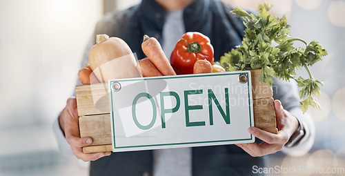 Image of Vegetables, market and person holding food basket with open sign as delivery of groceries from online shop. Closeup, hands and courier with fresh products from organic farm for a vegetarian