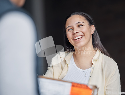 Image of Happy customer delivery, courier box and man giving retail sales product, shopping stock or shipping container. Logistics supply chain, mail distribution service and person exchange package cargo