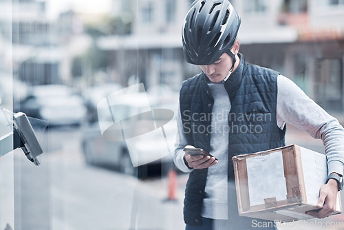 Image of Smartphone, courier box or delivery man waiting with retail sales product, cargo mail or shipping container. Logistics supply chain, mail distribution service and person check package address at door