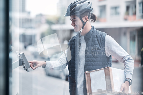 Image of Press intercom, courier box or delivery man with retail sales product, cargo mail or cardboard shipping container. Logistics supply chain, distribution service and happy person arrival at front door